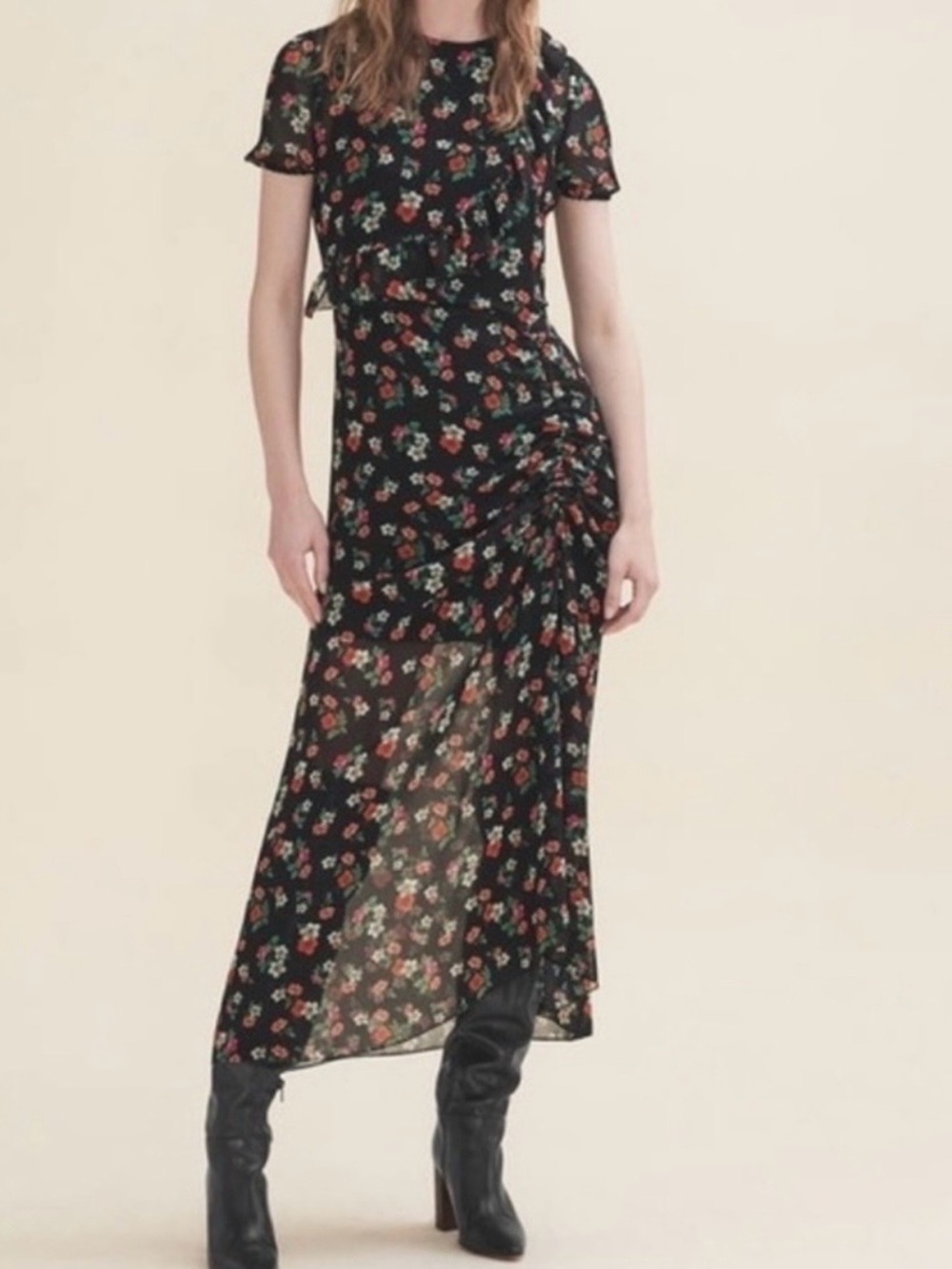 Maje Black Floral Midi Dress